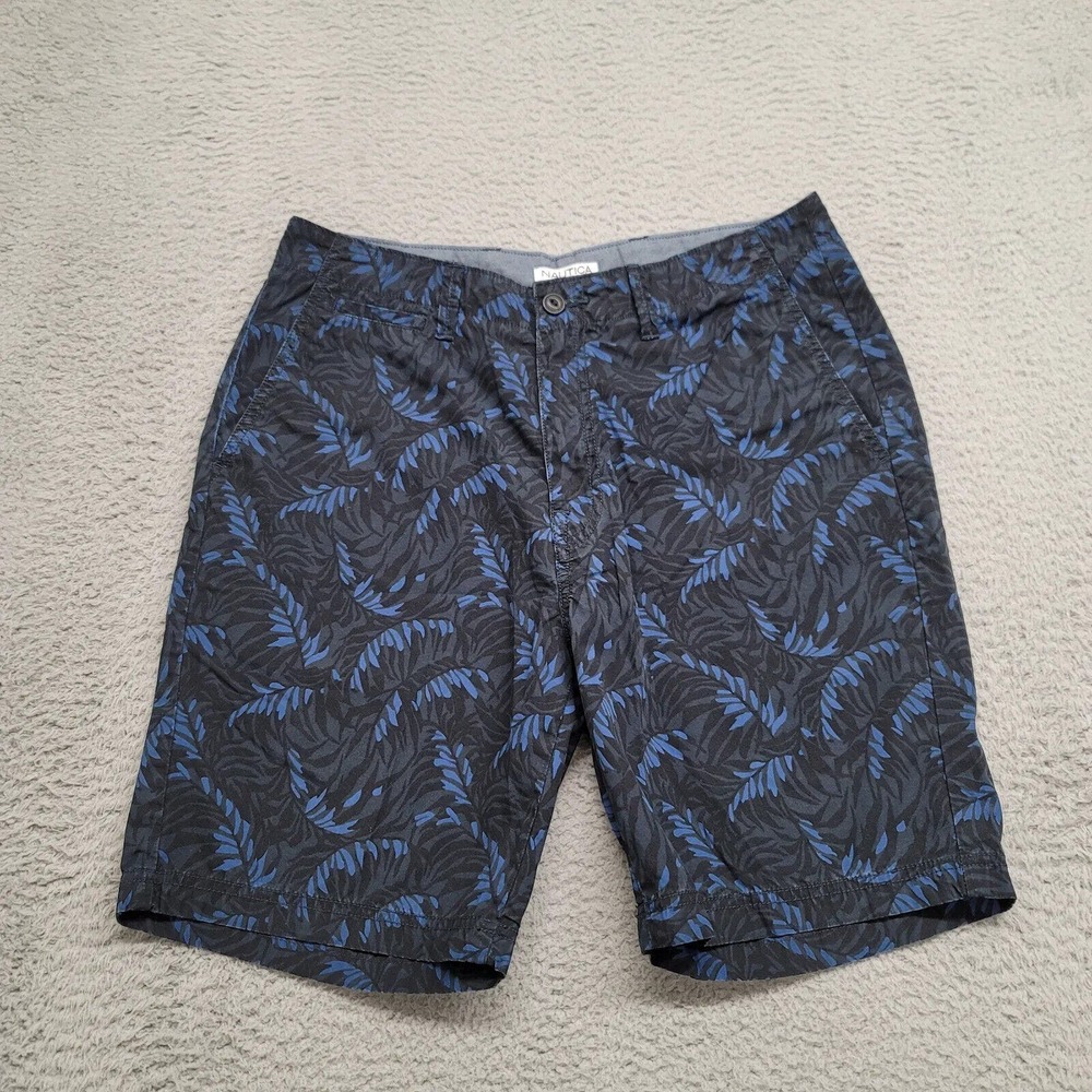 Nautica Shorts Mens 32 Black Blue Palm Floral Print Chino Casual Beach Outdoors